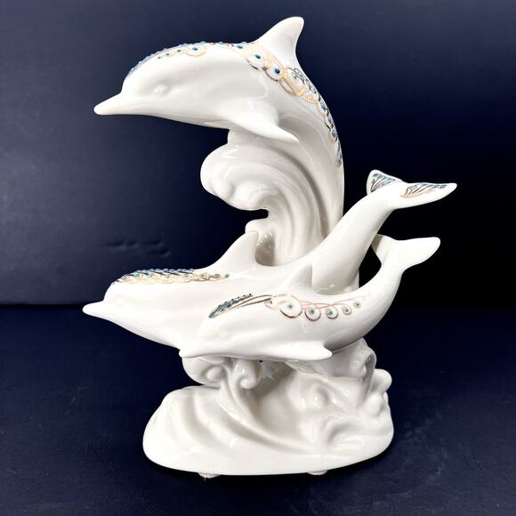 Vintage 1996 Lenox China Jewels Collection 3 Frolicking Dolphins Figurine 8" - Picture 1 of 10